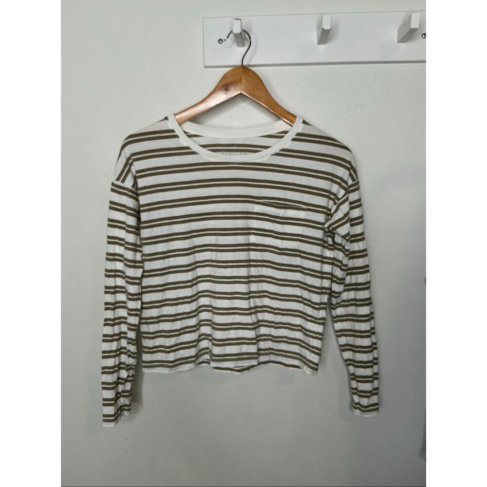 Everlane Boxy Stripe Long Sleeve | White and Green in XXS